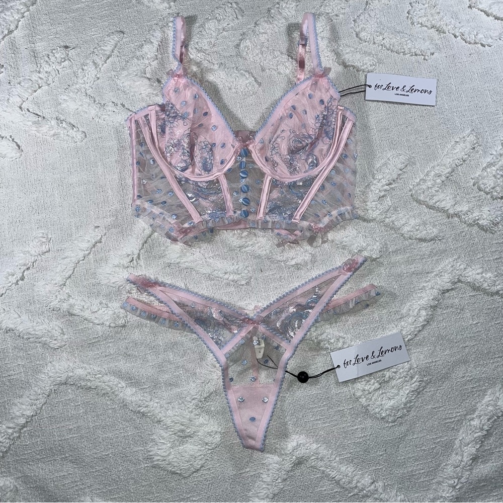 Sold 2 Pc. For Love & Lemons Foil Rose Bustier & Thong Panty Set Size Small NWT - Picture 4 of 9